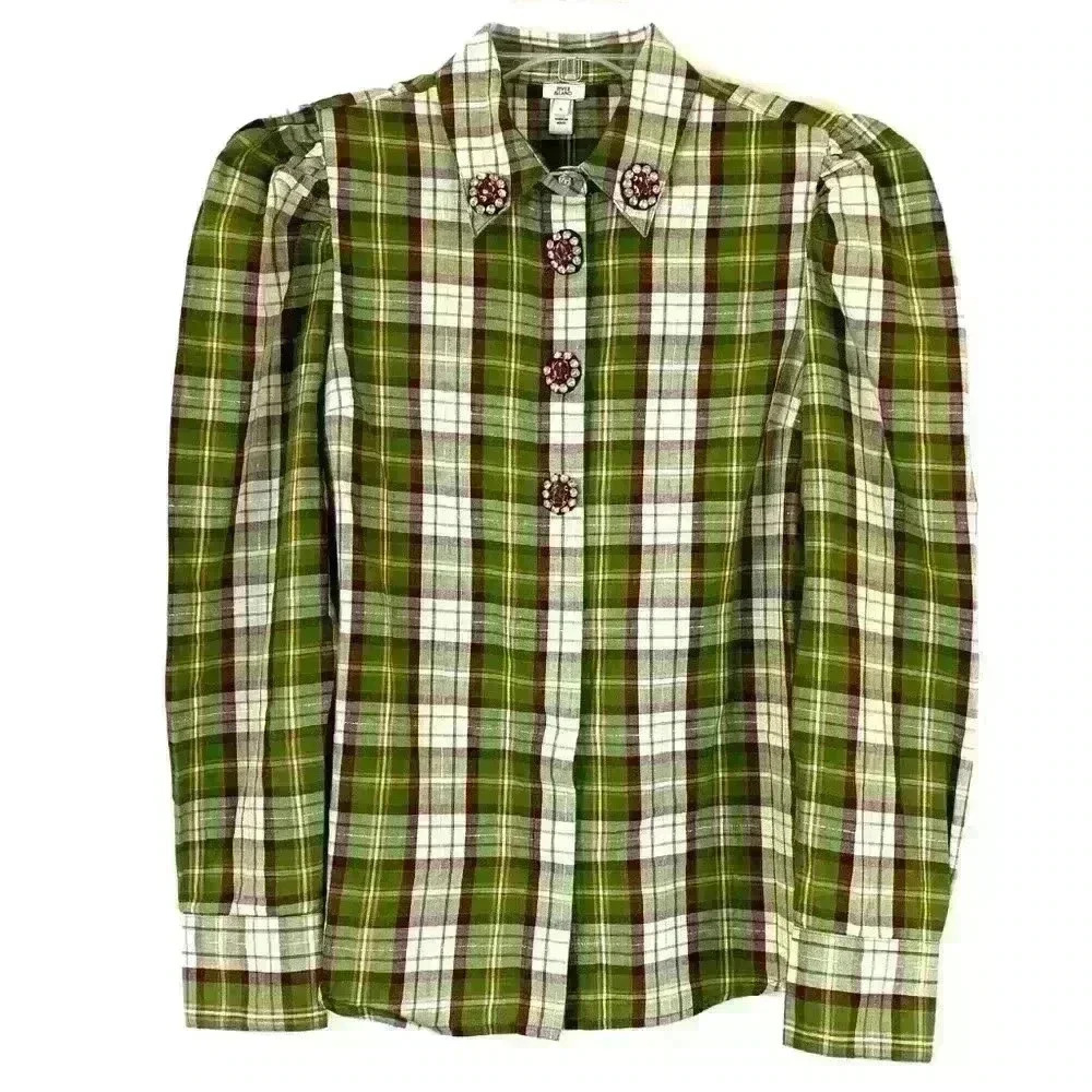 River Island Plaid Crystal Button Cotton Blend Shirt Light Green Size S